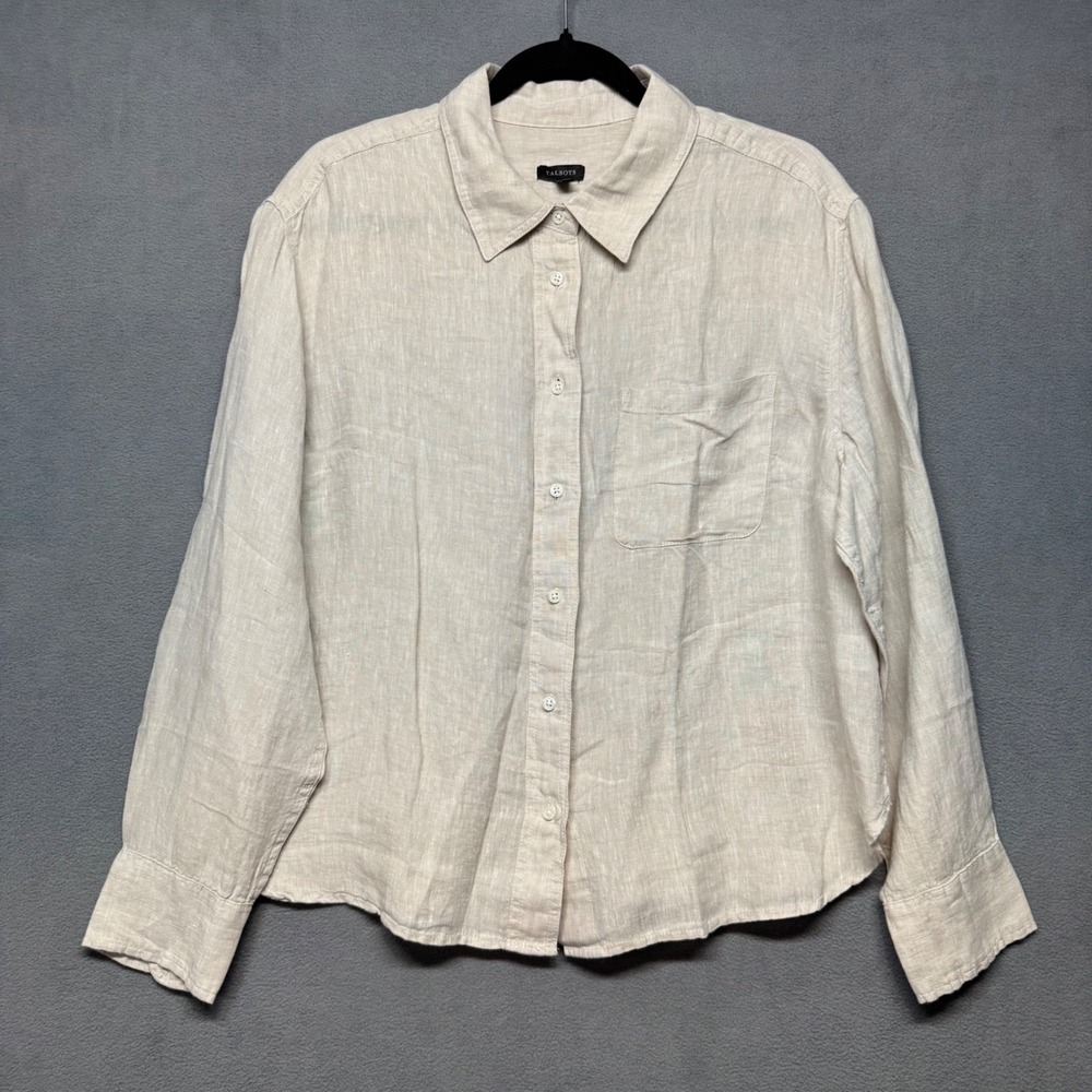 Talbots Boxy Lagenlook Linen Button Down Shirt Casual Pocket Top L Beige Loose